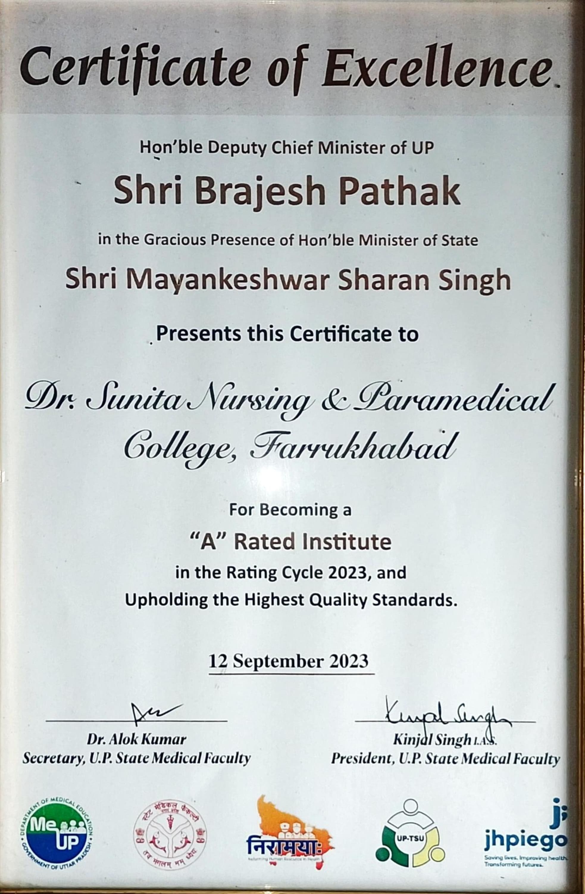 DR SUNITA NURSING & PARAMEDICAL COLLEGE CERTIFICATION